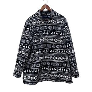 Lands End 1X Black White Snowflake Fair Isle Fleece 1/4 Zip Pullover‎ Sweater